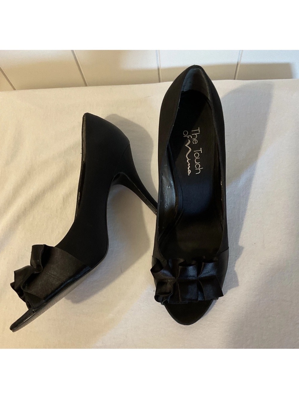 Touch of Nina Black Satin Peep-Toe Heels with Bow Accent - Picture 3 of 6